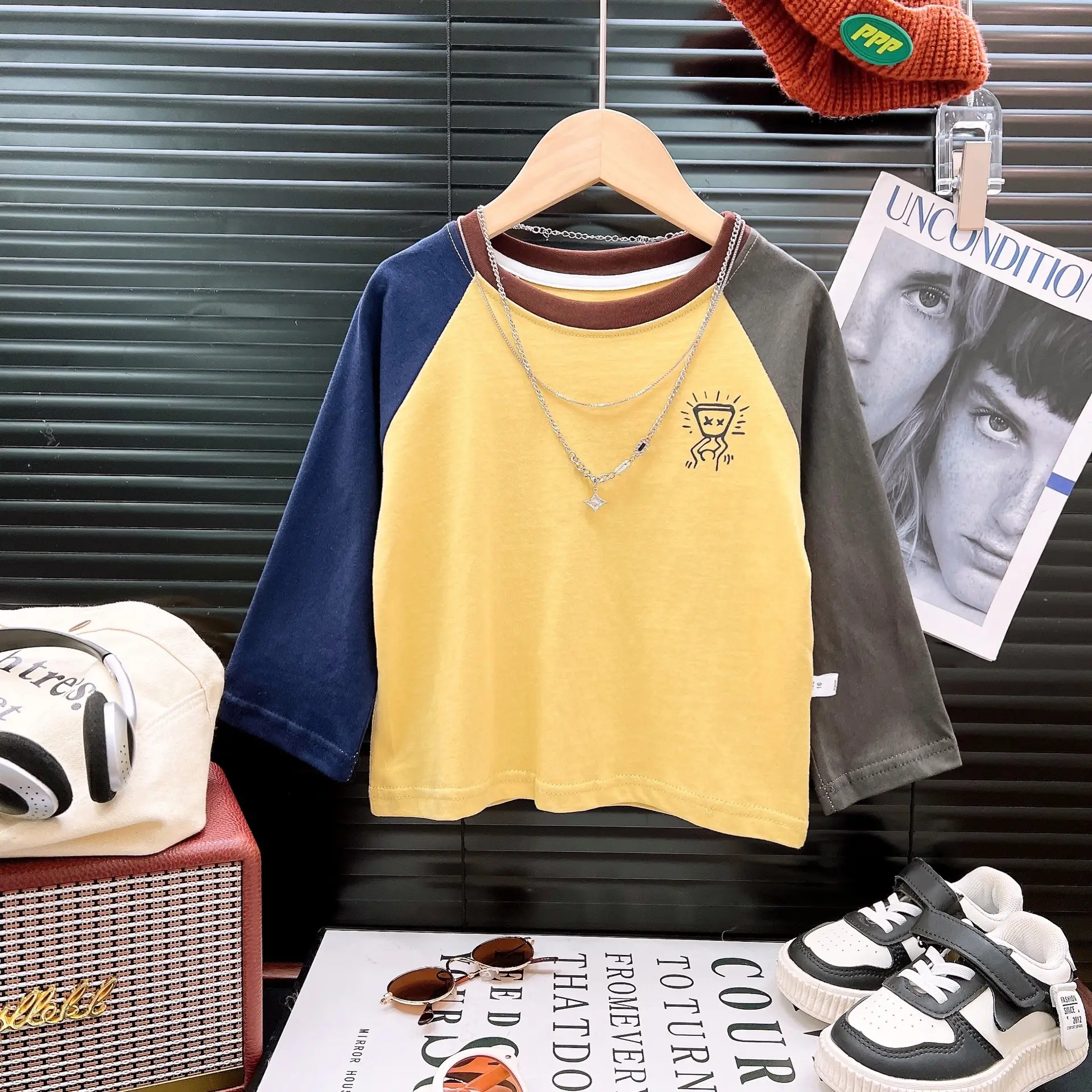 Children's Raglan Sleeve T-Shirt Cotton Beige Red Teal Medium Large - Image 2