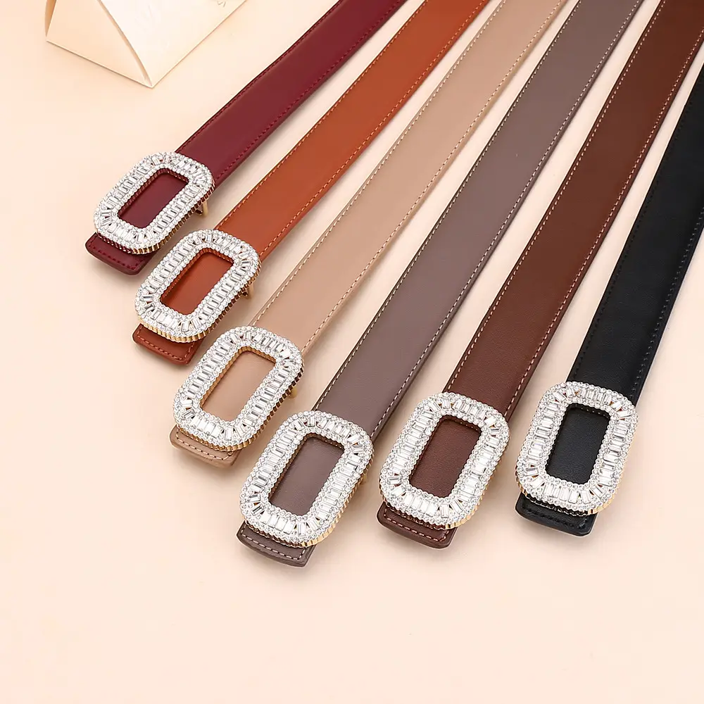 Rhinestone Women's Black Leather Belt with Diamond Buckle - Image 9