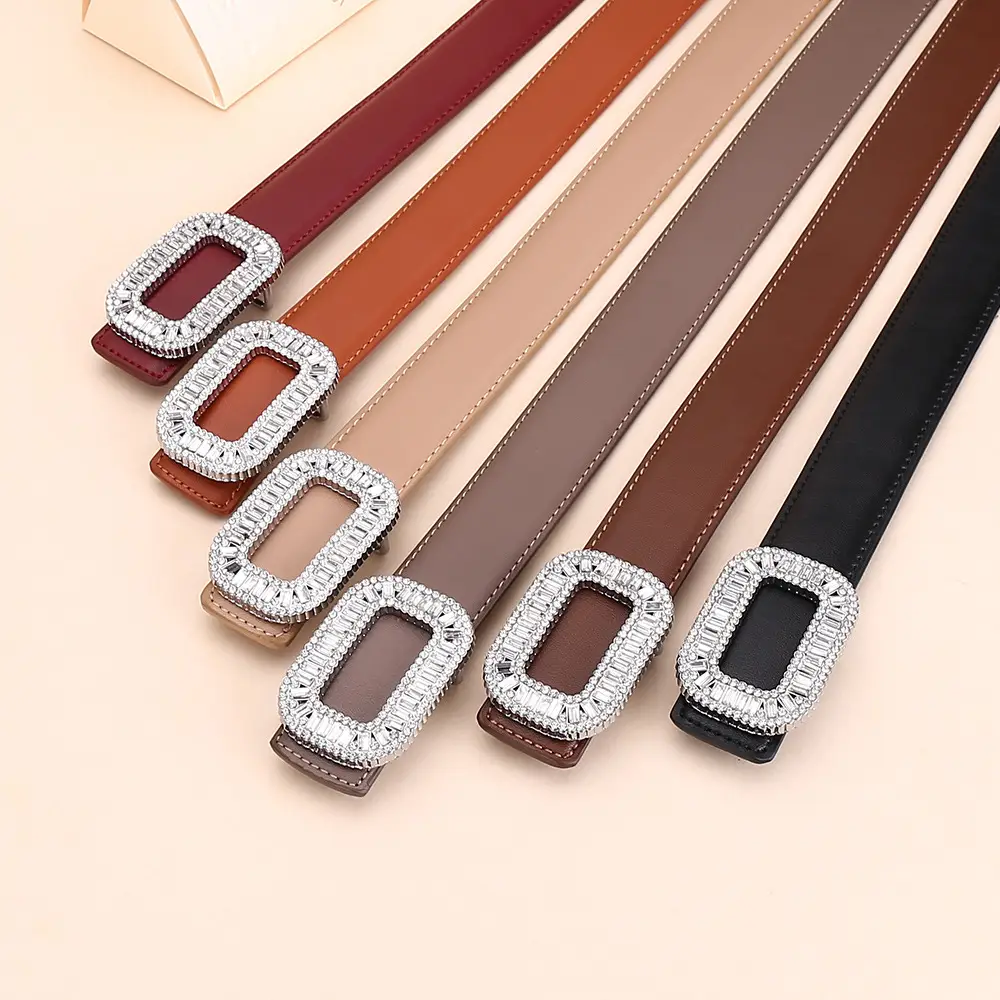 Rhinestone Women's Black Leather Belt with Diamond Buckle - Image 10