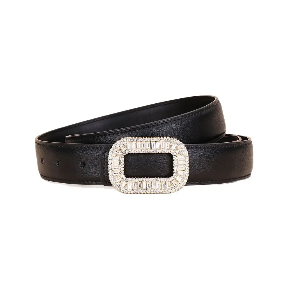 Rhinestone Women's Black Leather Belt with Diamond Buckle - Image 11