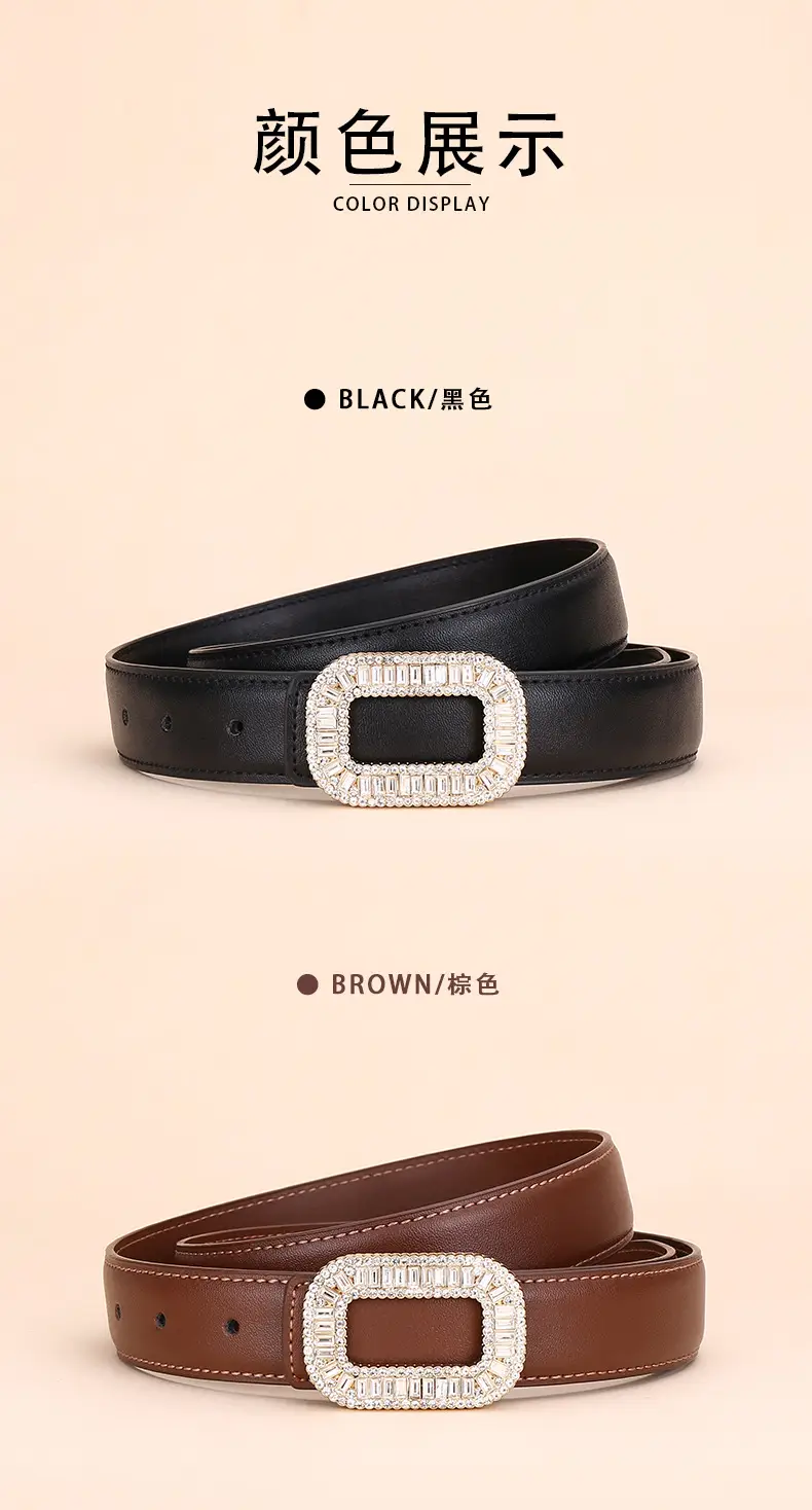 Rhinestone Women's Black Leather Belt with Diamond Buckle — feature 10