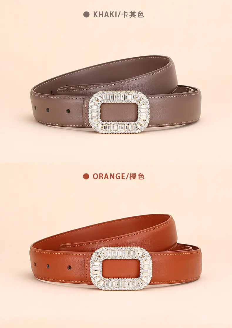 Rhinestone Women's Black Leather Belt with Diamond Buckle — feature 11
