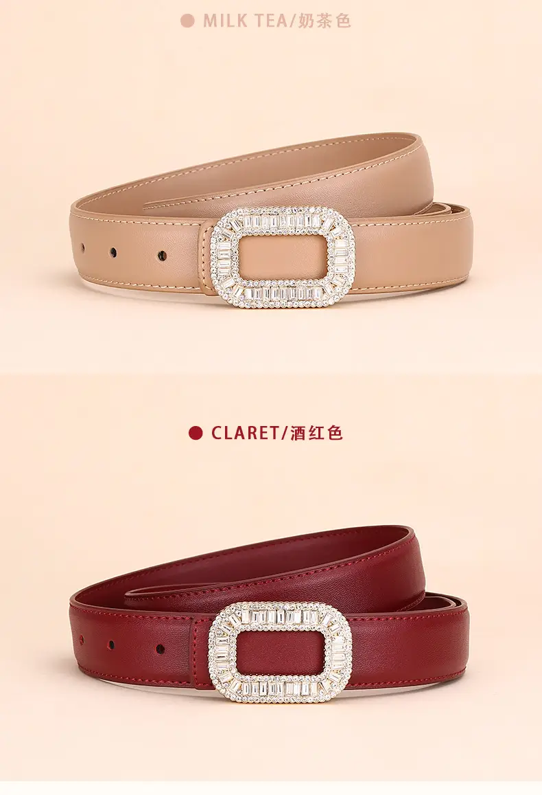 Rhinestone Women's Black Leather Belt with Diamond Buckle — feature 12