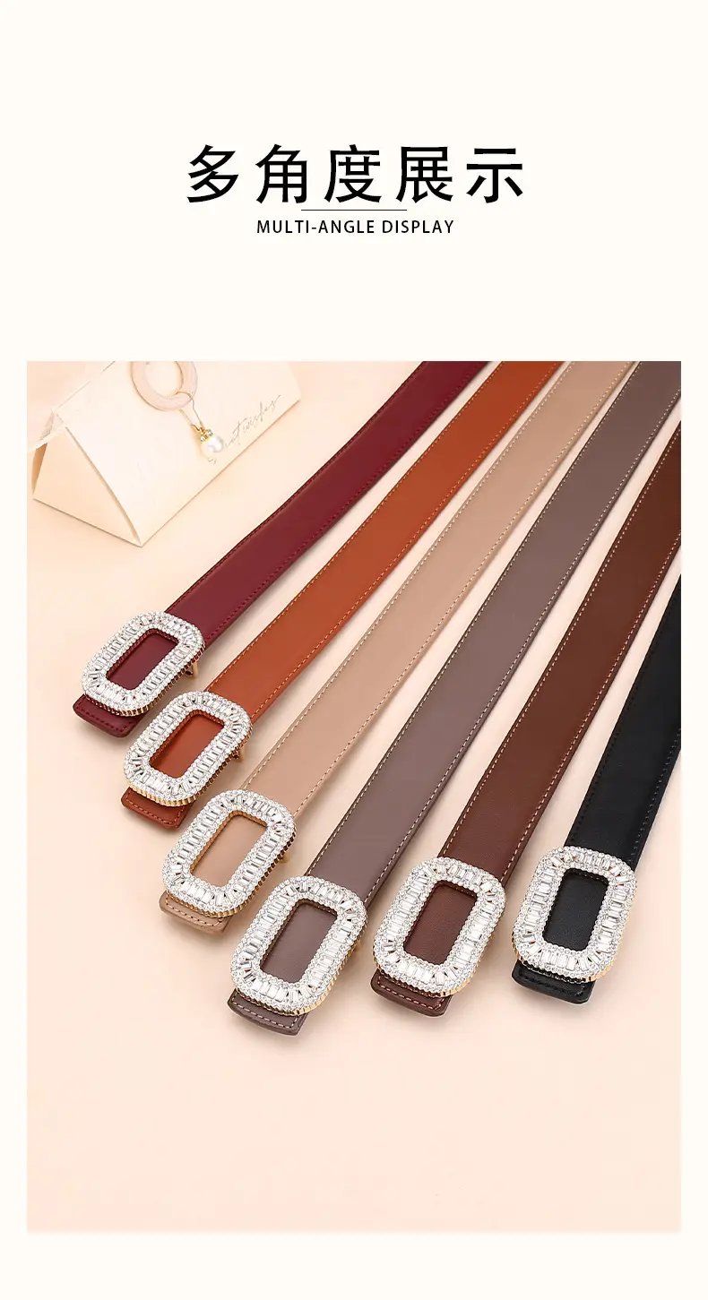 Rhinestone Women's Black Leather Belt with Diamond Buckle — feature 13