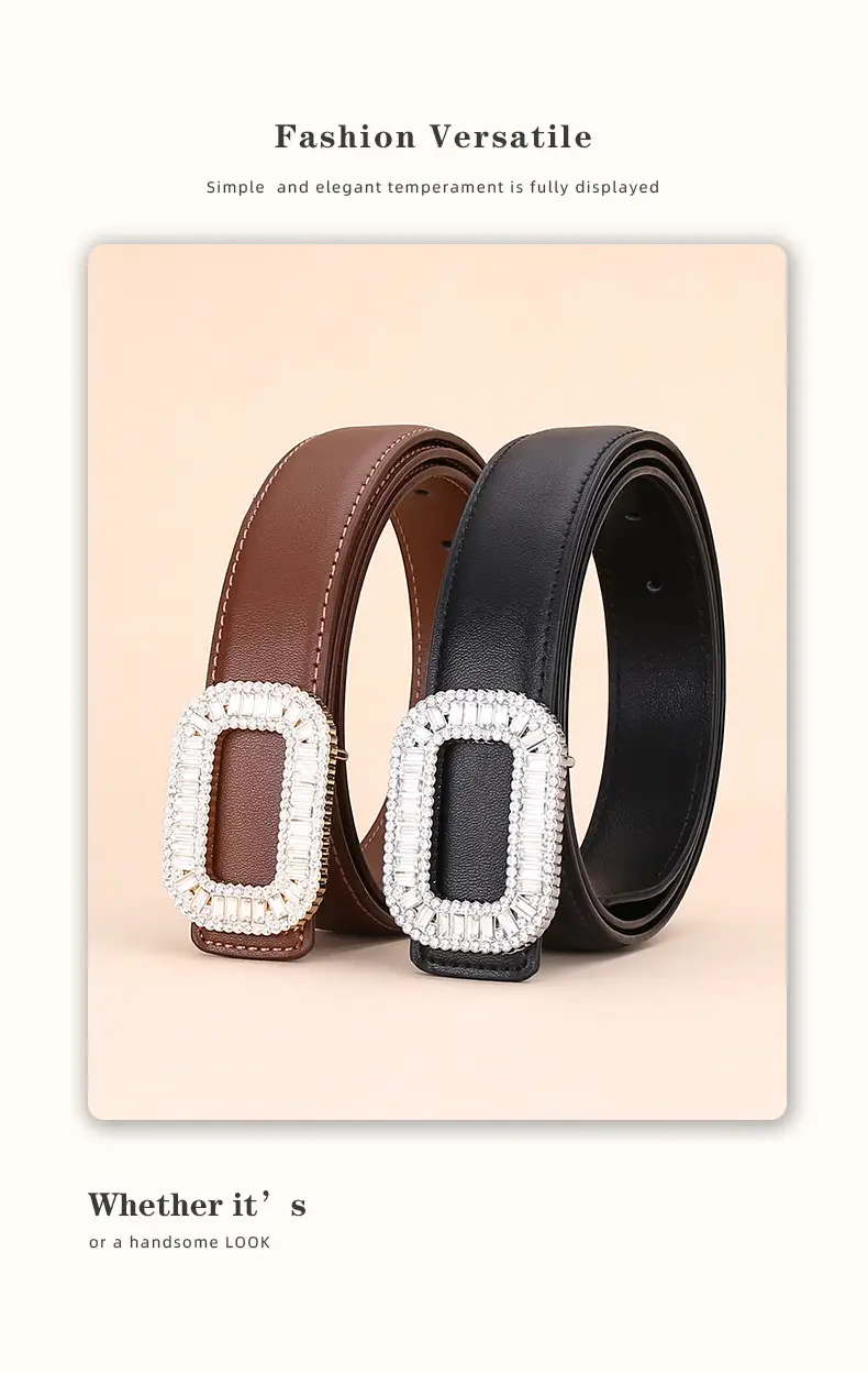 Rhinestone Women's Black Leather Belt with Diamond Buckle — feature 14