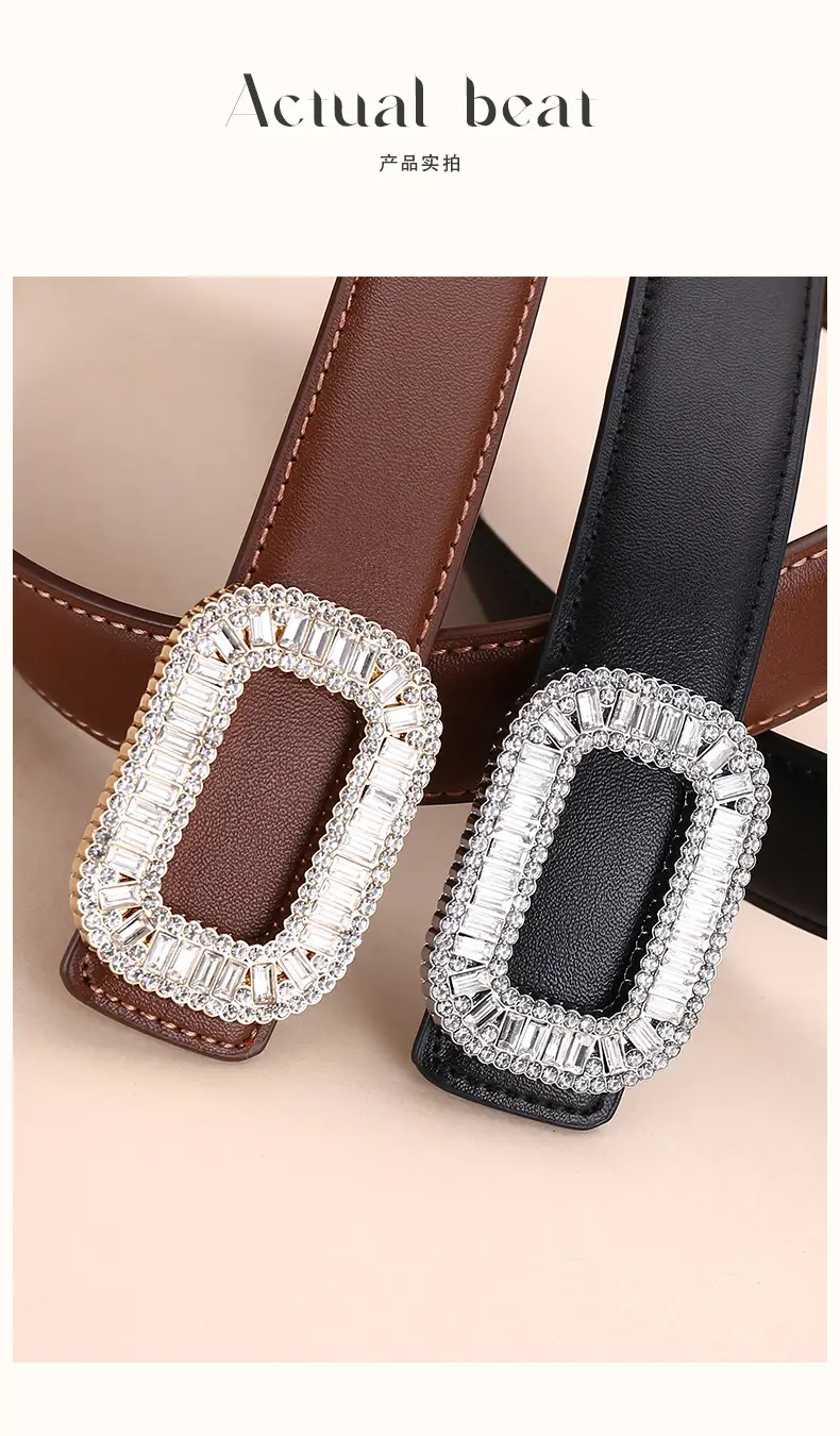 Rhinestone Women's Black Leather Belt with Diamond Buckle — feature 15