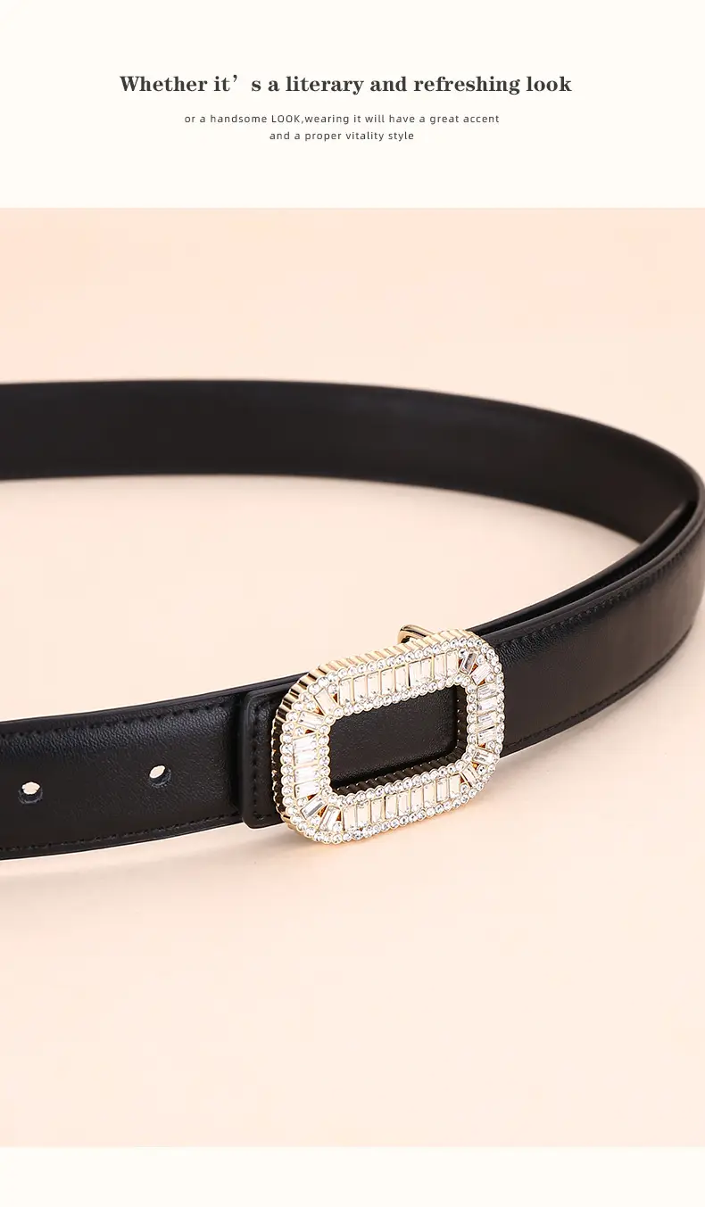 Rhinestone Women's Black Leather Belt with Diamond Buckle — feature 16