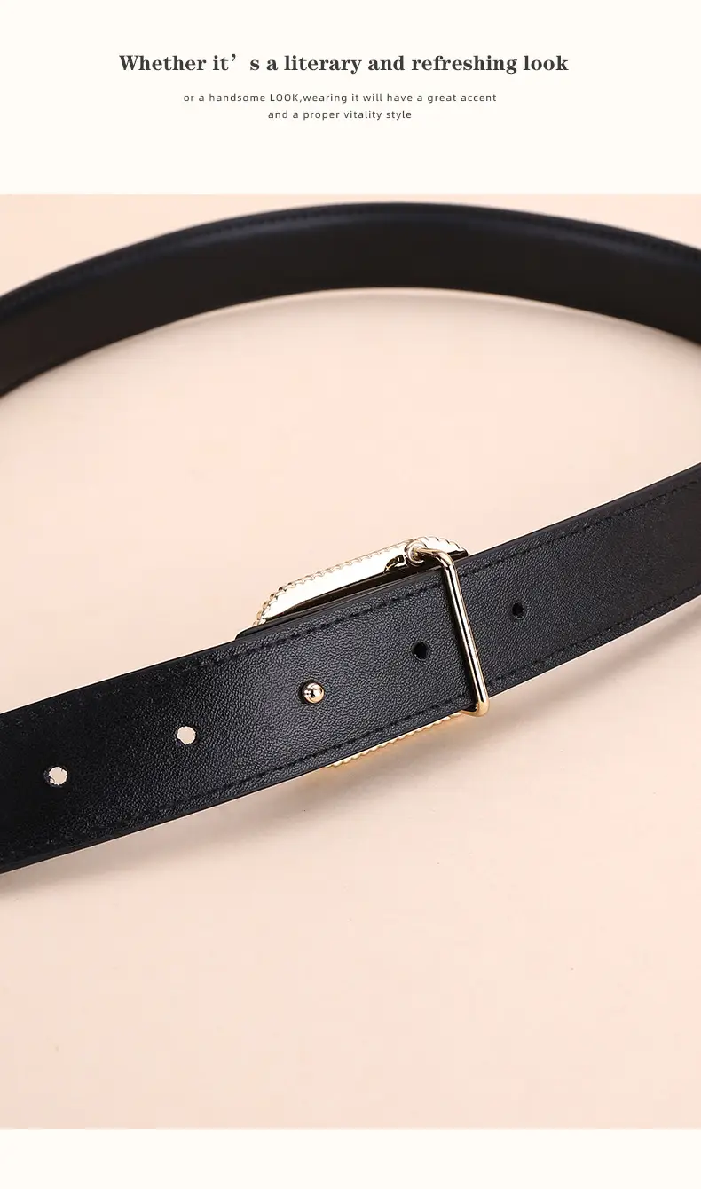 Rhinestone Women's Black Leather Belt with Diamond Buckle — feature 17