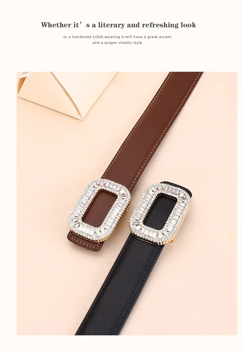 Rhinestone Women's Black Leather Belt with Diamond Buckle — feature 18
