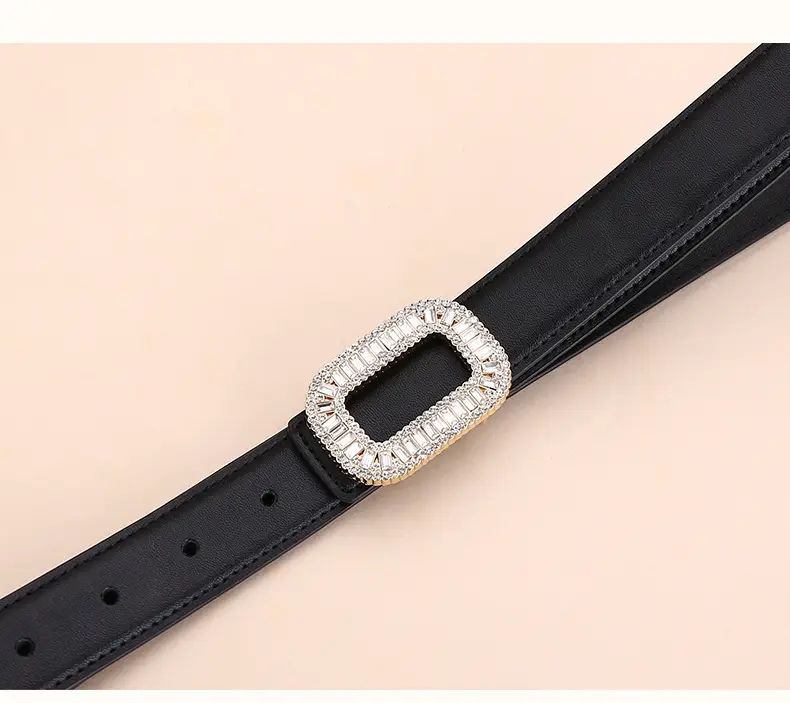 Rhinestone Women's Black Leather Belt with Diamond Buckle — feature 19