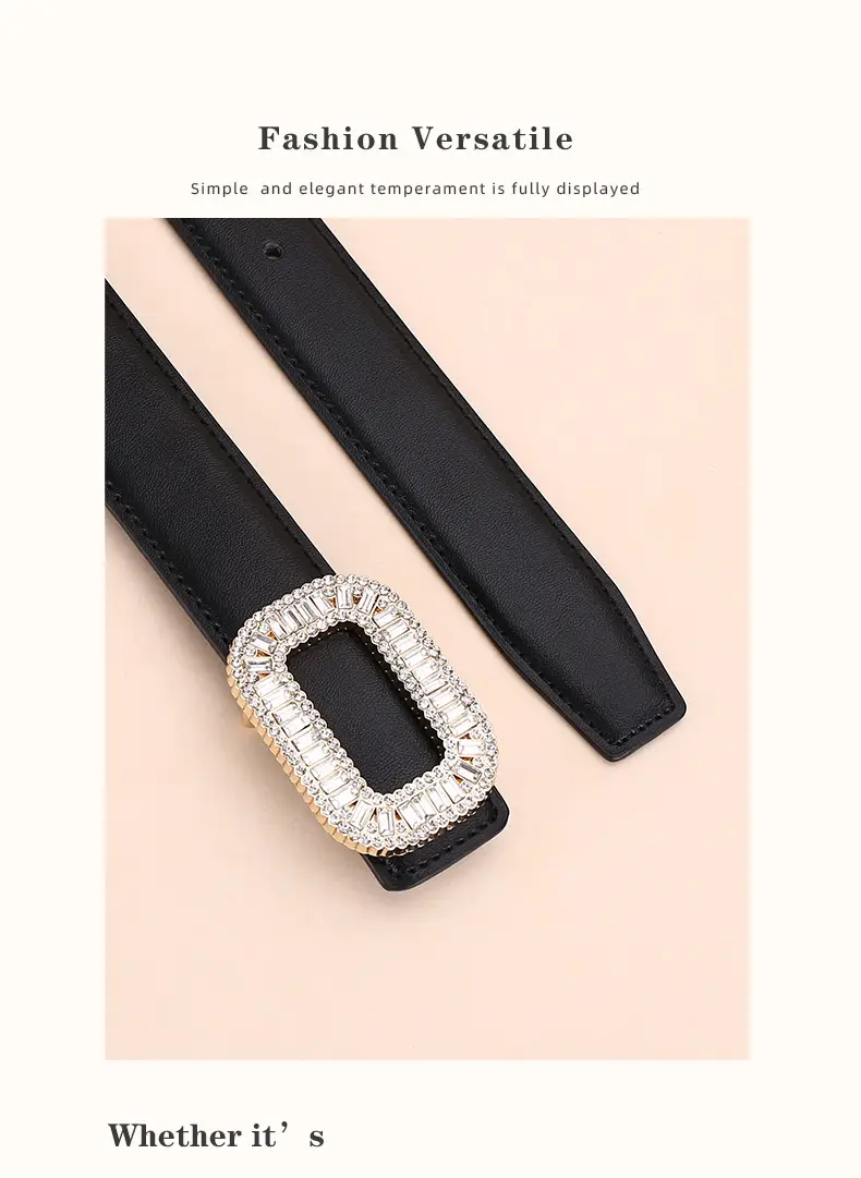 Rhinestone Women's Black Leather Belt with Diamond Buckle — feature 20