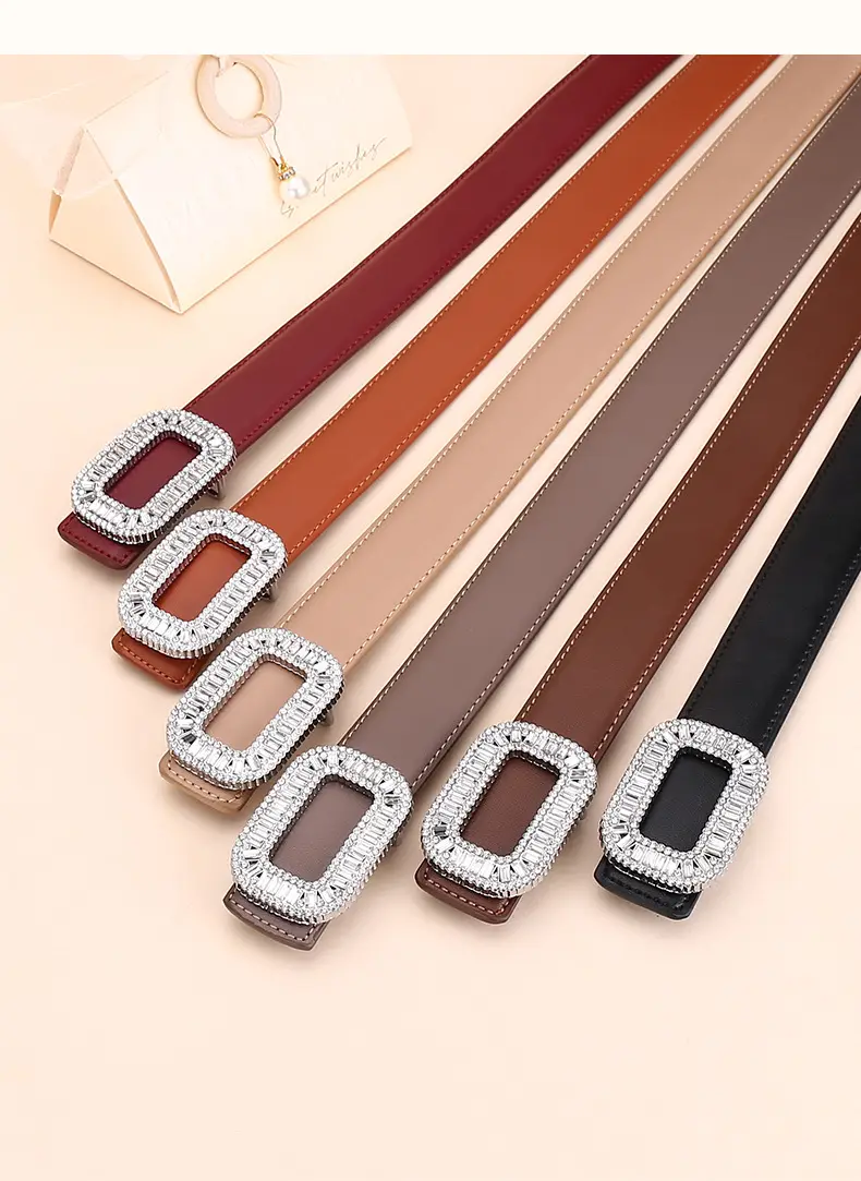 Rhinestone Women's Black Leather Belt with Diamond Buckle — feature 21