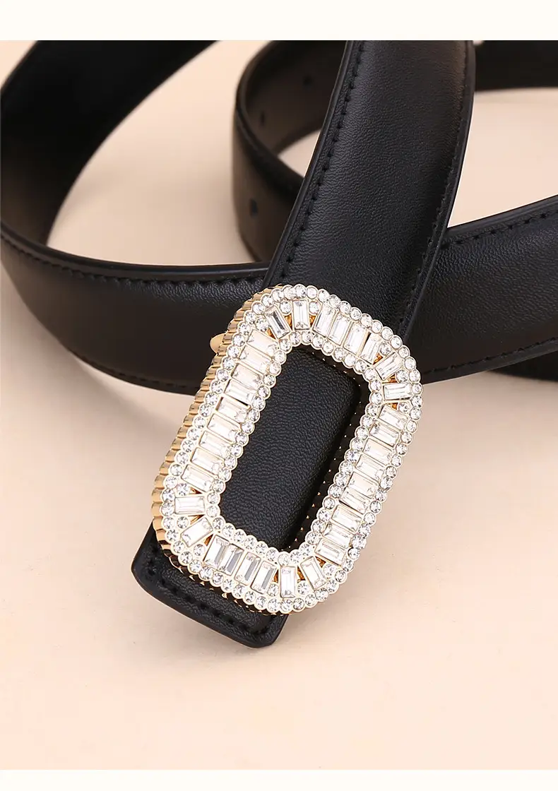 Rhinestone Women's Black Leather Belt with Diamond Buckle — feature 22