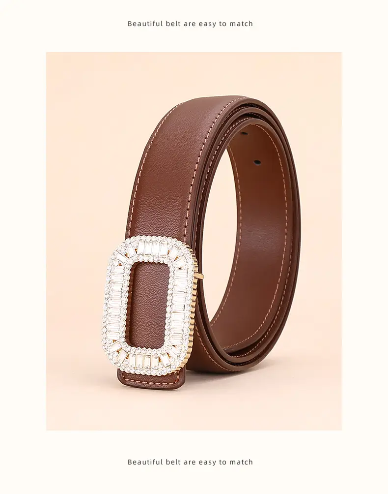 Rhinestone Women's Black Leather Belt with Diamond Buckle — feature 23
