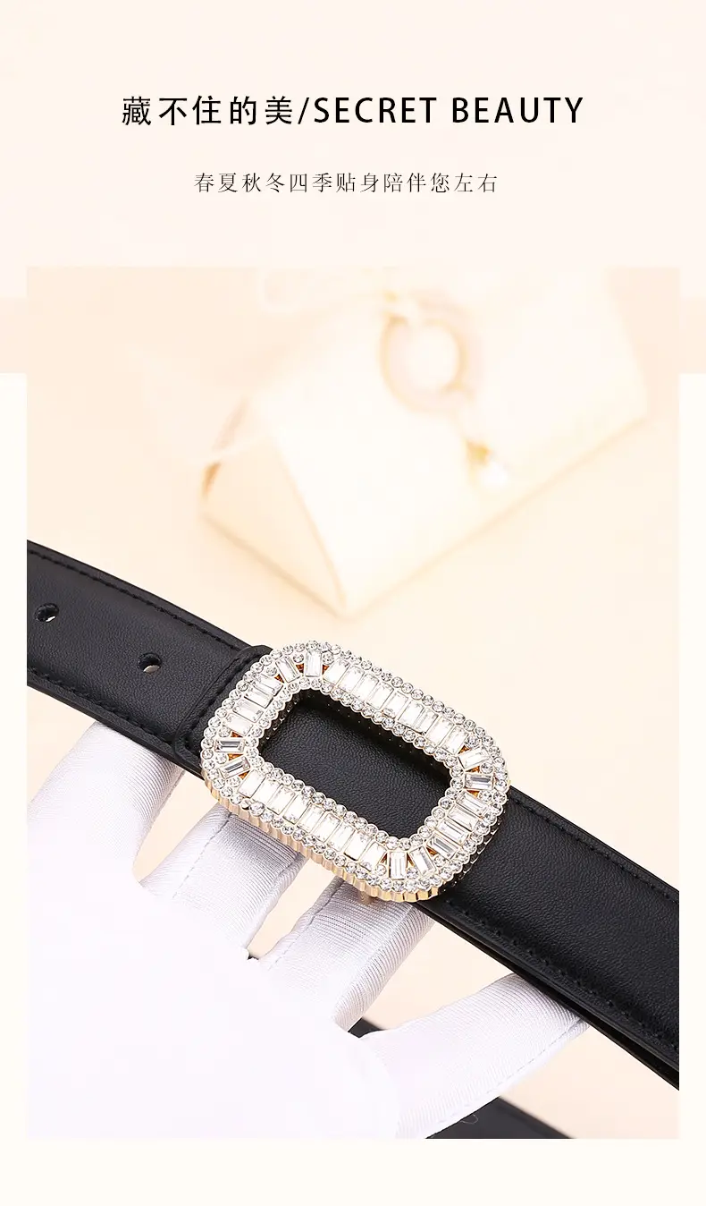 Rhinestone Women's Black Leather Belt with Diamond Buckle — feature 3