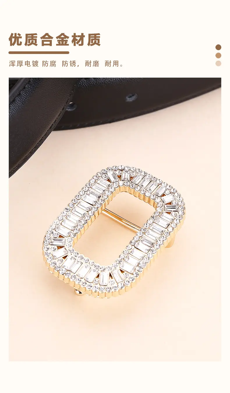 Rhinestone Women's Black Leather Belt with Diamond Buckle — feature 6