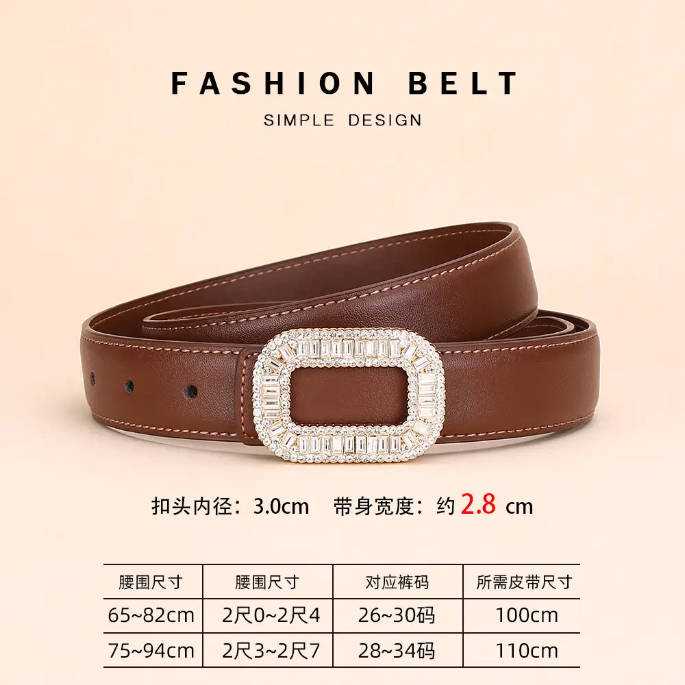 Rhinestone Women's Black Leather Belt with Diamond Buckle - Image 2
