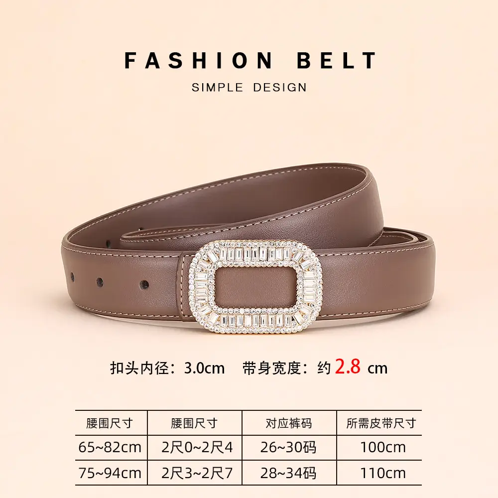 Rhinestone Women's Black Leather Belt with Diamond Buckle - Image 3