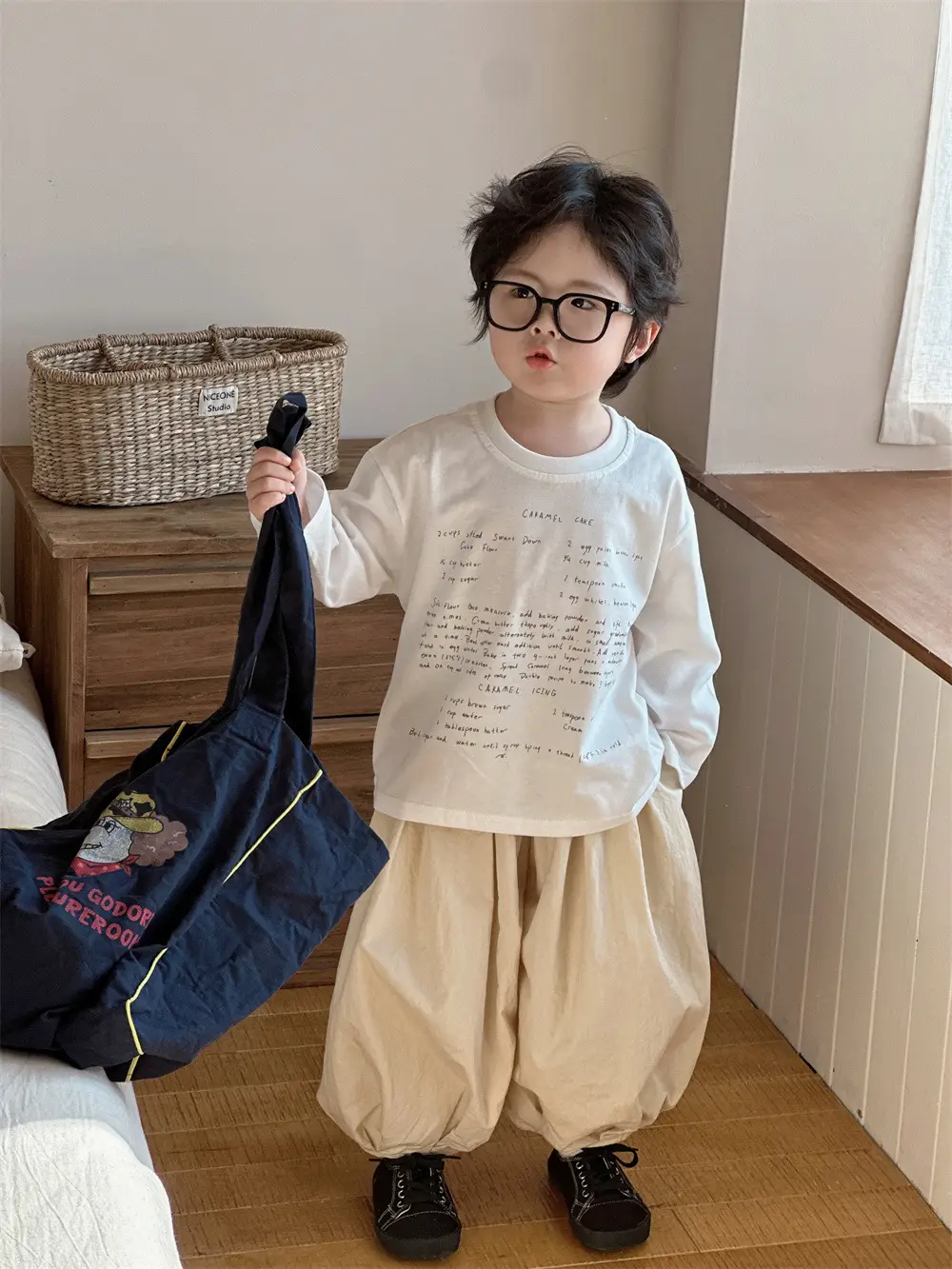 Kids Letter Print T-Shirt Set Cream Beige Long Sleeve - Image 3