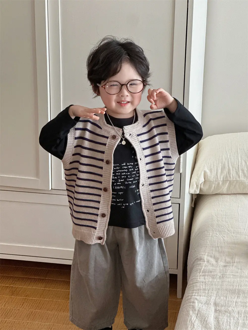 Kids Letter Print T-Shirt Set Cream Beige Long Sleeve - Image 4