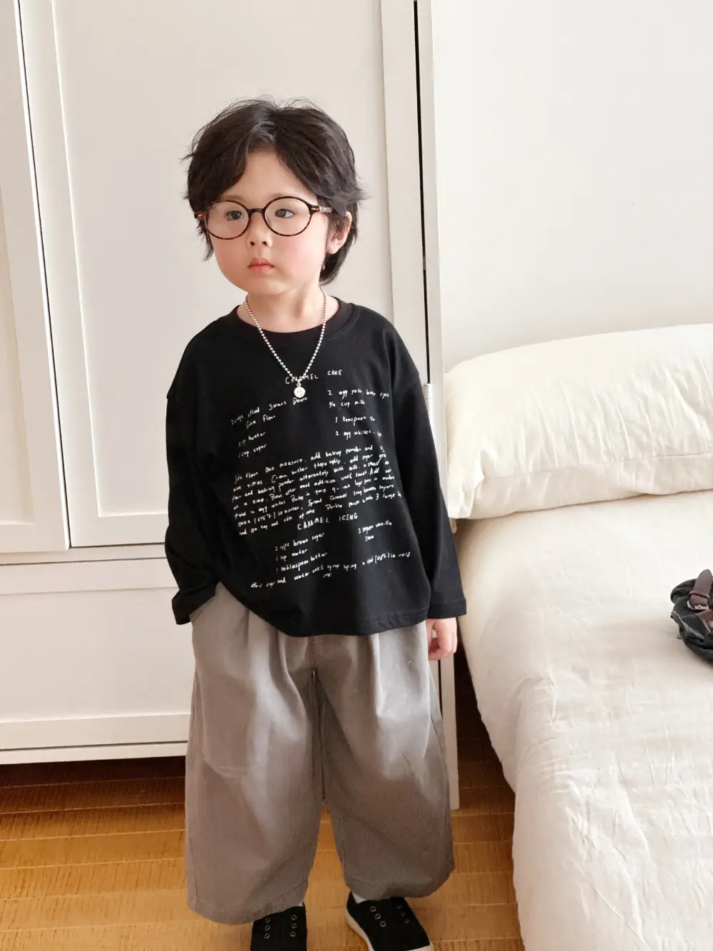 Kids Letter Print T-Shirt Set Cream Beige Long Sleeve — feature 3