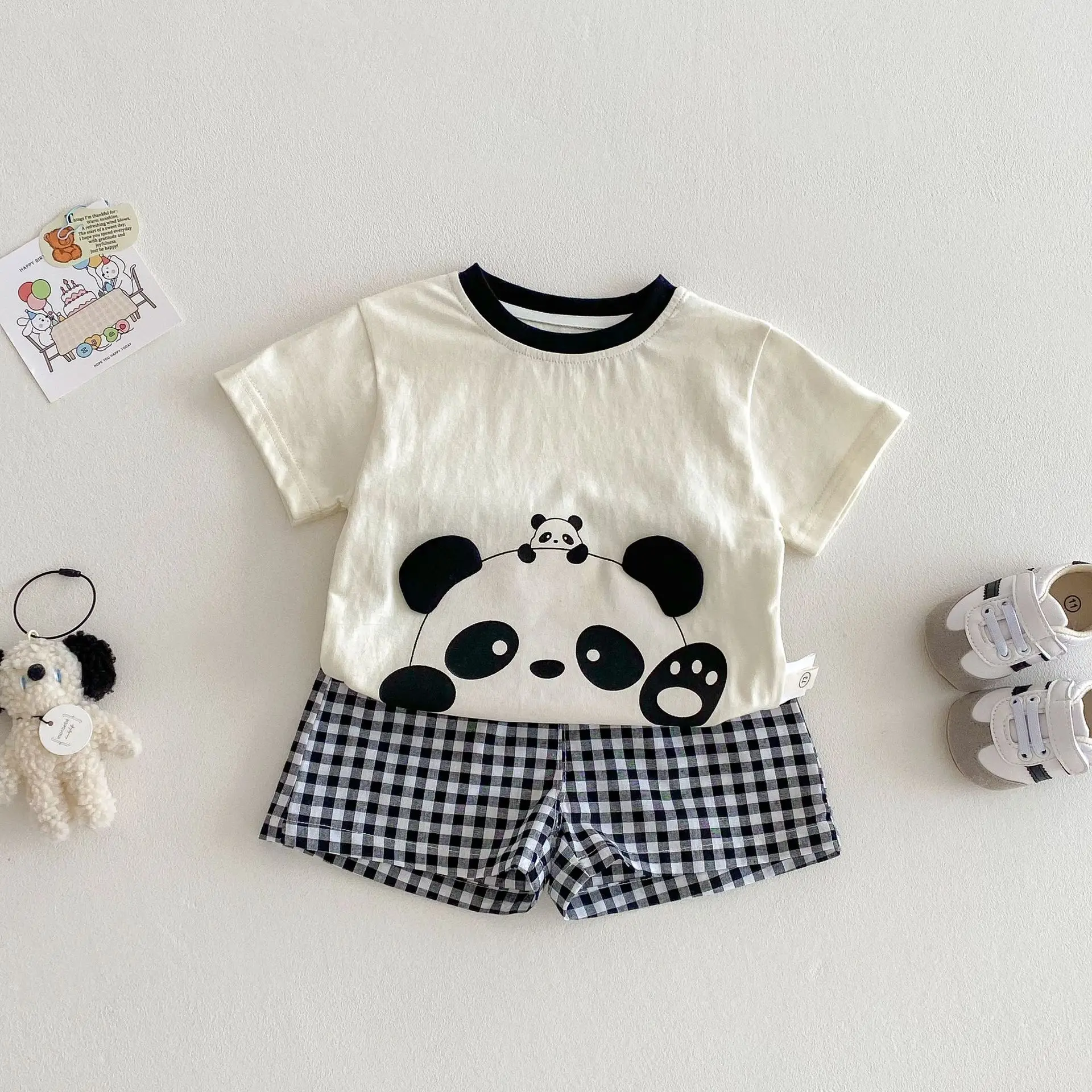 Girls Cartoon Short Sleeve T-Shirt Blue Gingham Shorts 2025 - Image 3