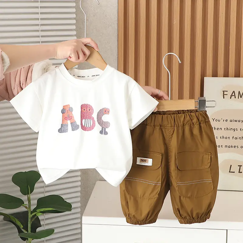 Kids Printed Cotton T-shirt & Pants Set Light Purple Brown - Image 2