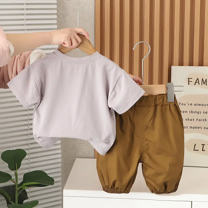 Kids Printed Cotton T-shirt & Pants Set Light Purple Brown - Image 4