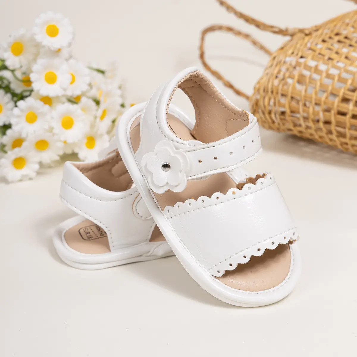 White Flower Velcro Baby Sandals for Toddlers