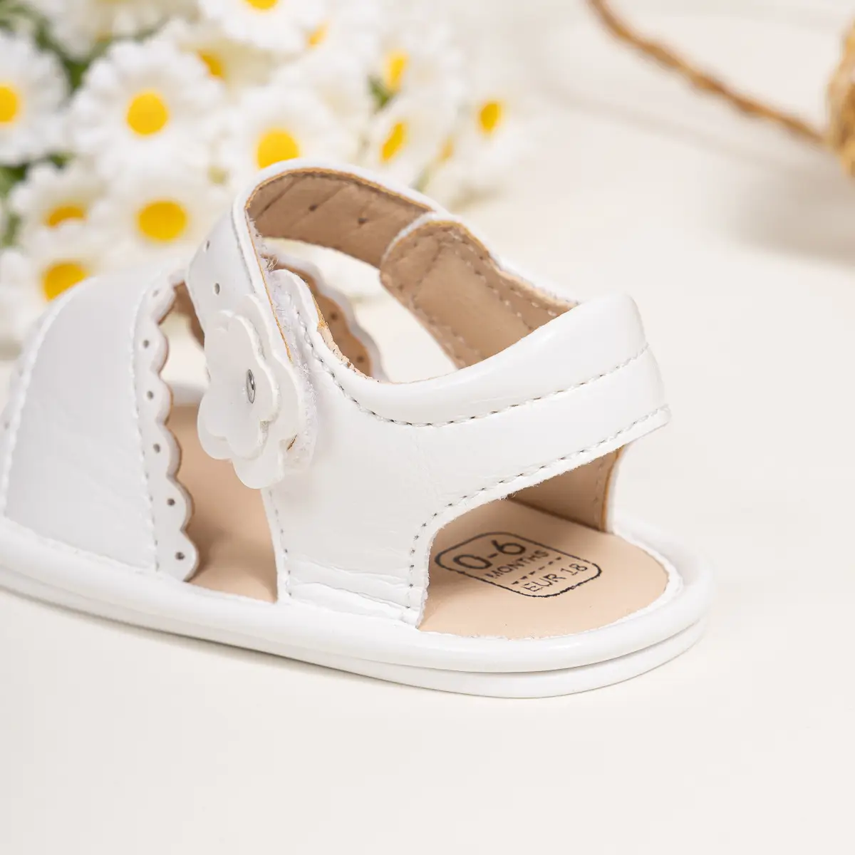 White Flower Velcro Baby Sandals for Toddlers