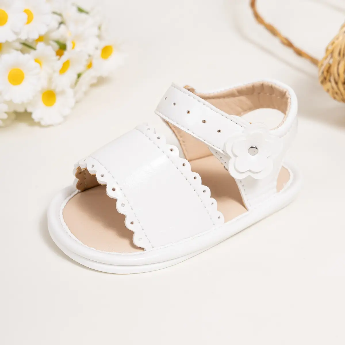 White Flower Velcro Baby Sandals for Toddlers — feature 7