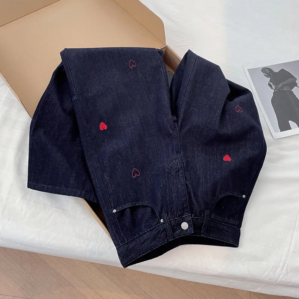 2025 Vintage Dark Blue Heart Embroidered Denim Trousers for Girls