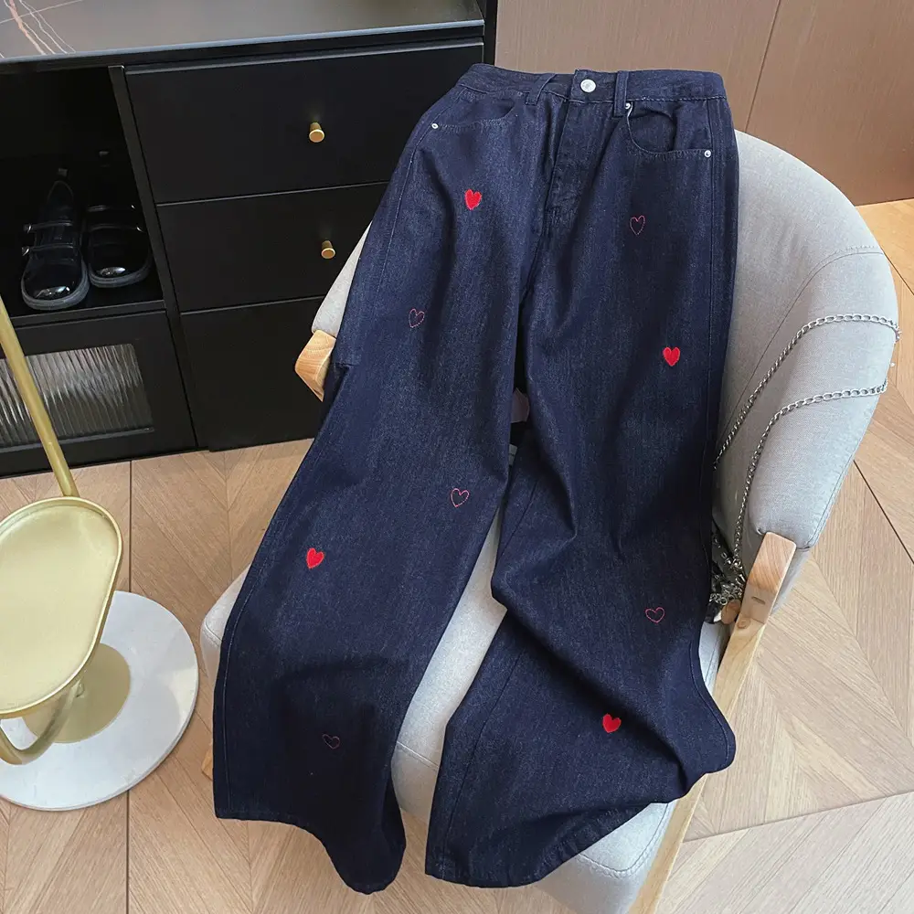 2025 Vintage Dark Blue Heart Embroidered Denim Trousers for Girls
