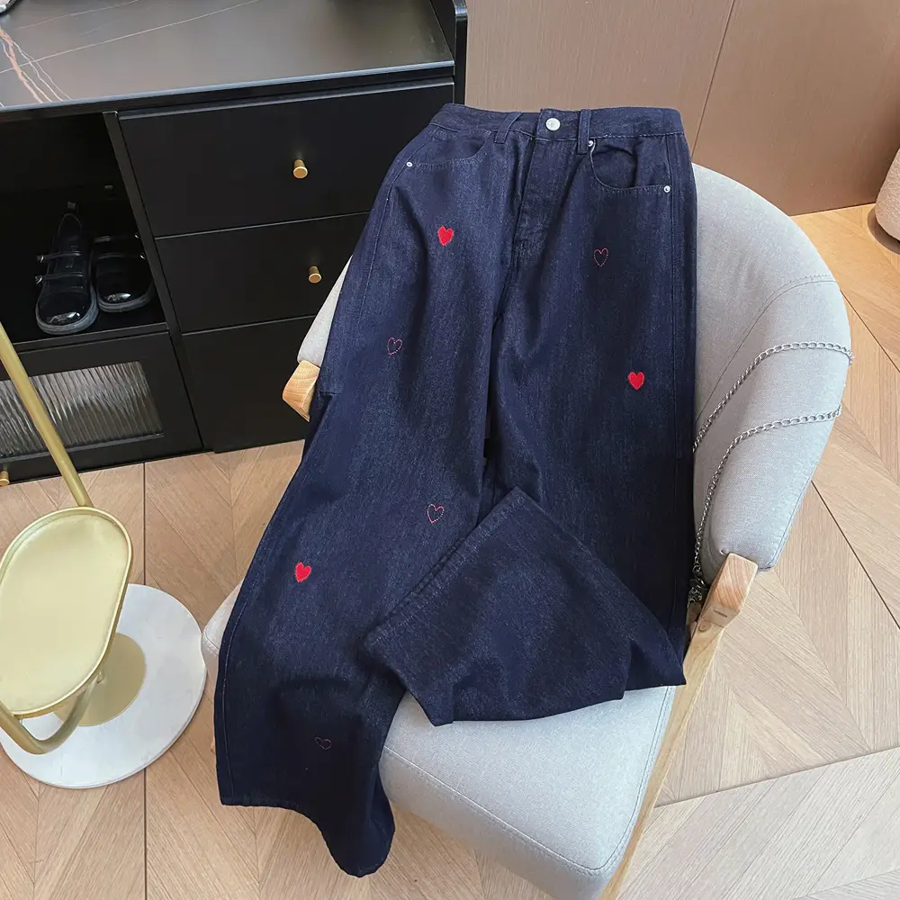 2025 Vintage Dark Blue Heart Embroidered Denim Trousers for Girls — feature 10