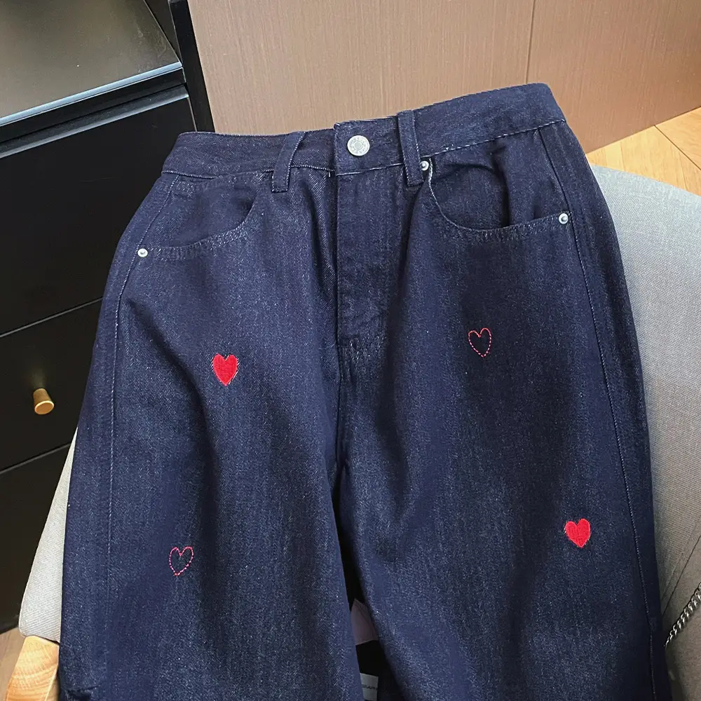 2025 Vintage Dark Blue Heart Embroidered Denim Trousers for Girls — feature 12