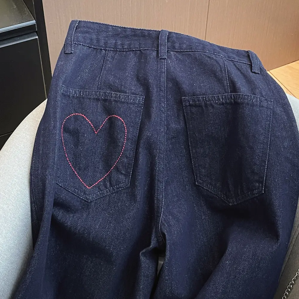 2025 Vintage Dark Blue Heart Embroidered Denim Trousers for Girls — feature 13