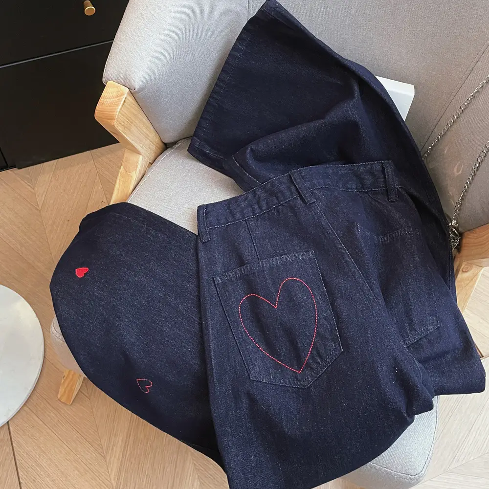 2025 Vintage Dark Blue Heart Embroidered Denim Trousers for Girls — feature 6
