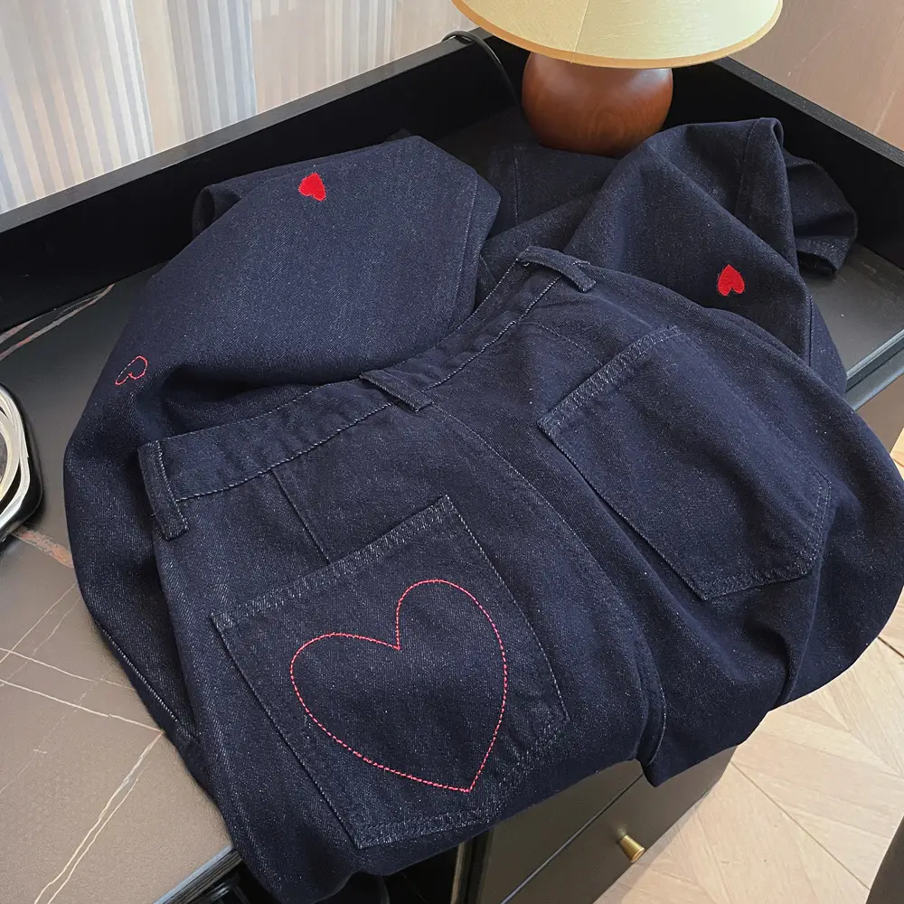 2025 Vintage Dark Blue Heart Embroidered Denim Trousers for Girls — feature 7