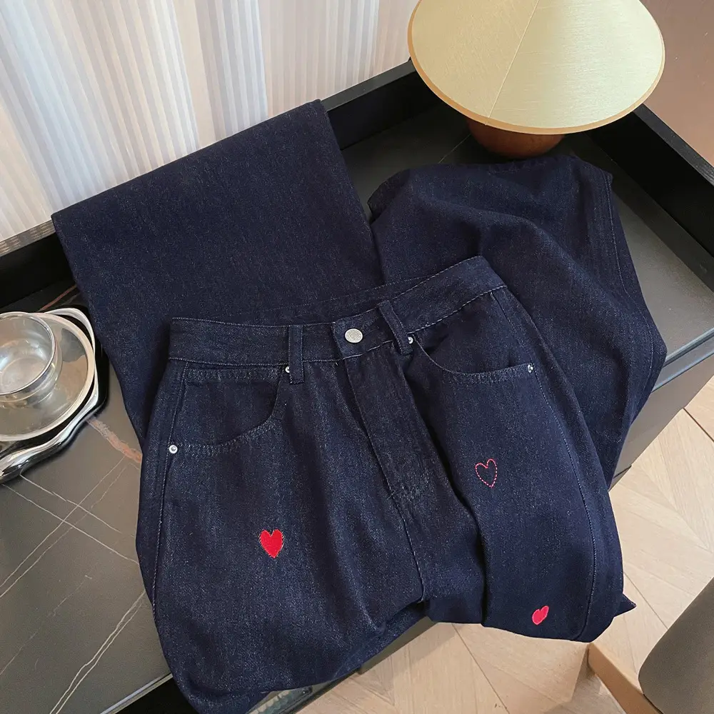 2025 Vintage Dark Blue Heart Embroidered Denim Trousers for Girls — feature 8