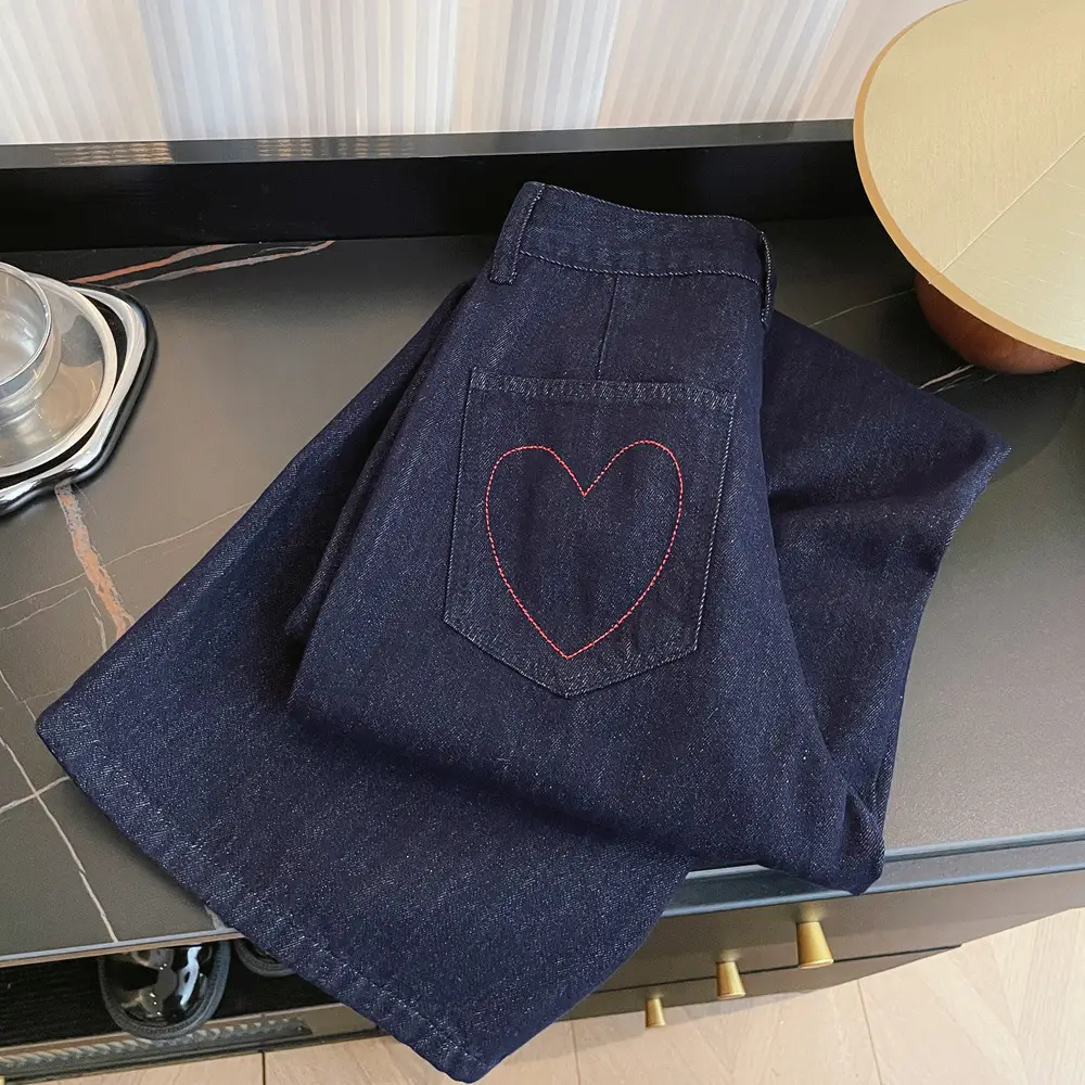 2025 Vintage Dark Blue Heart Embroidered Denim Trousers for Girls — feature 9