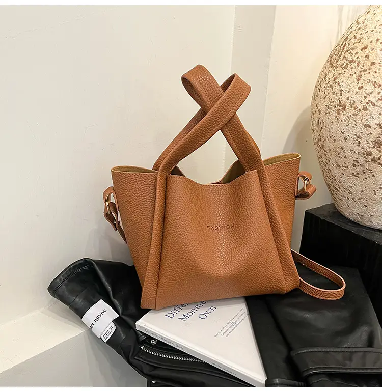 Women's Tan Litchi Pattern Shoulder Bag 2025 - Image 4