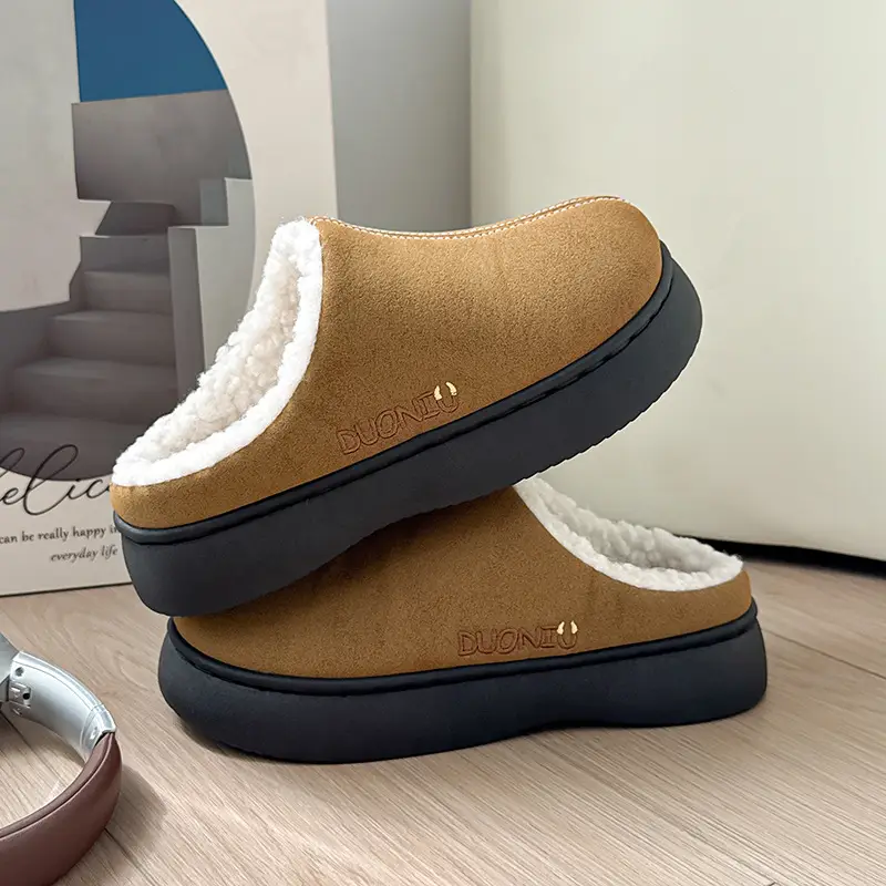 Thick-soled warm cotton slippers women's winter fleece-lined thickened non-slip plush slippers for home men's winter outdoor wear