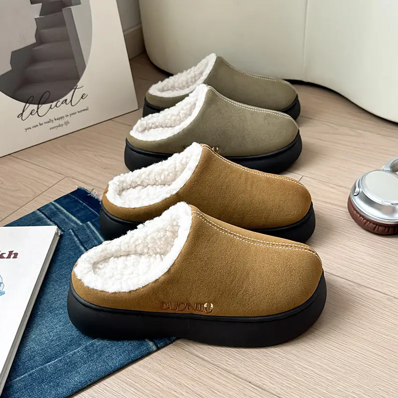 Thick-soled warm cotton slippers women's winter fleece-lined thickened non-slip plush slippers for home men's winter outdoor wear