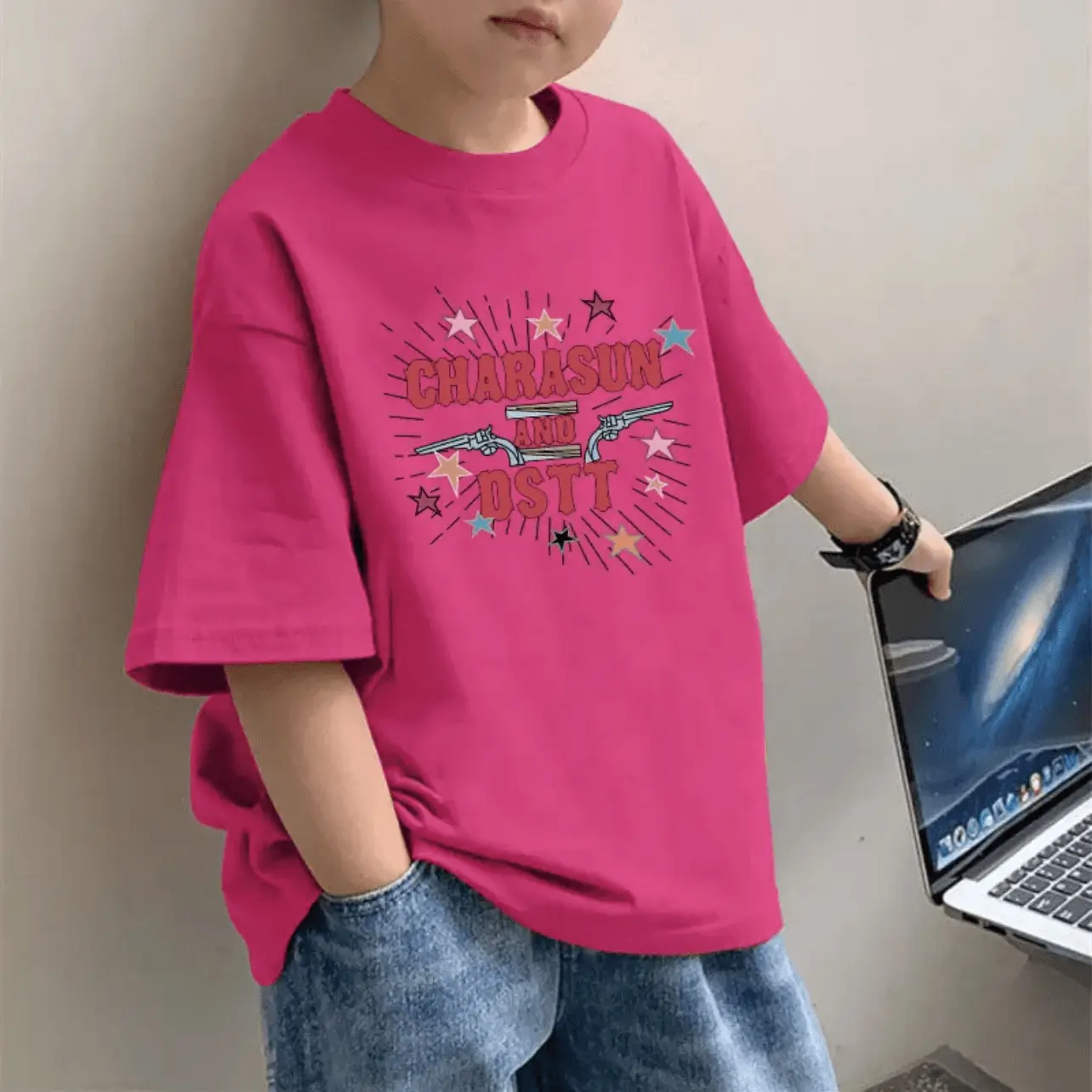 2025 Boys Pure Cotton Cartoon Print T-Shirt Pink