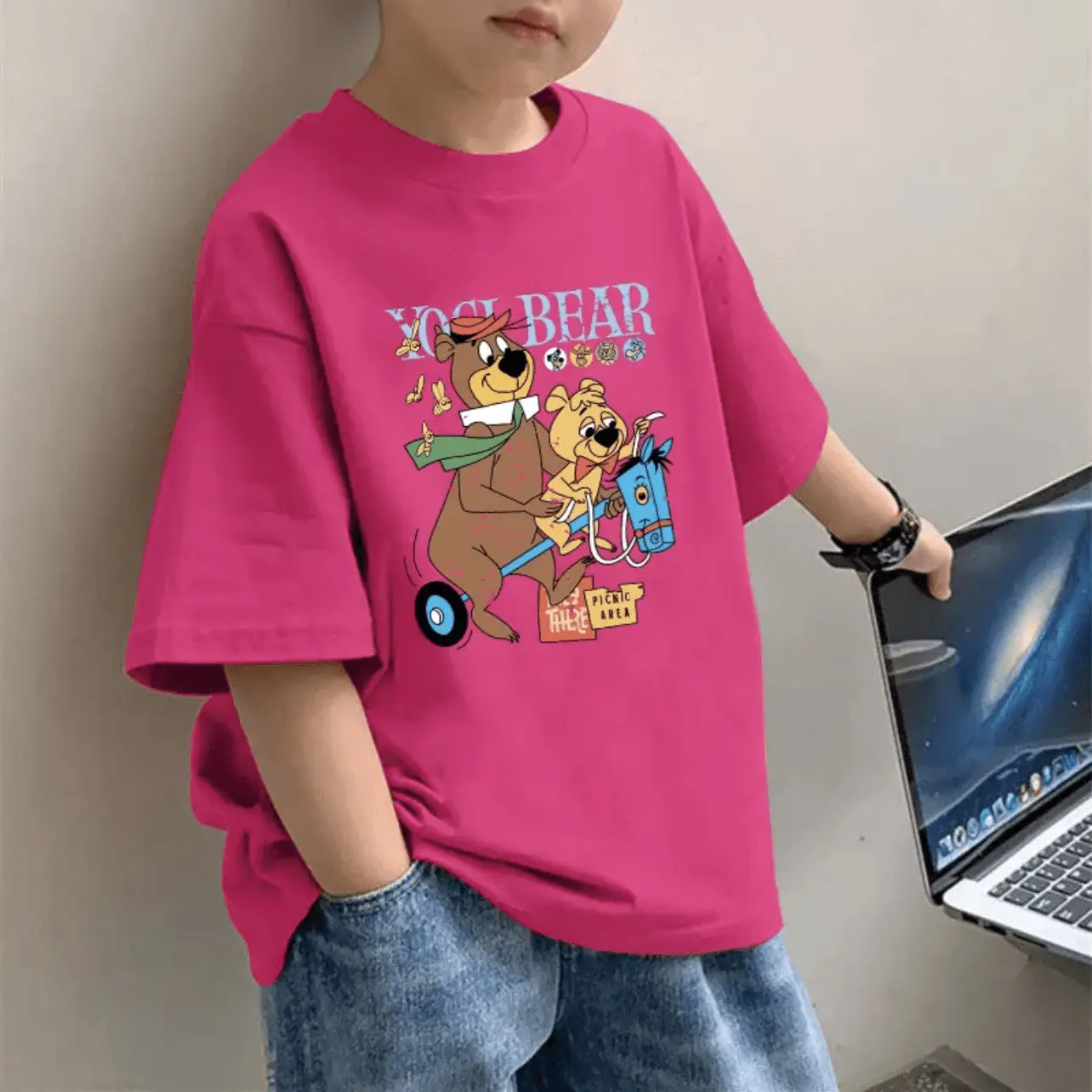2025 Boys Pure Cotton Cartoon Print T-Shirt Pink