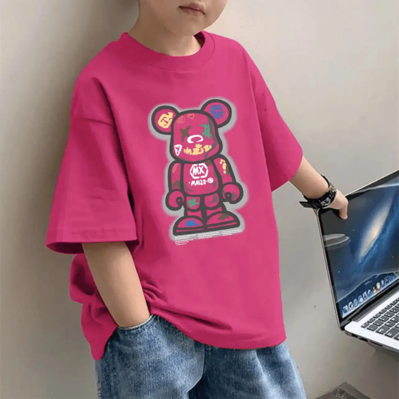 2025 Boys Pure Cotton Cartoon Print T-Shirt Pink