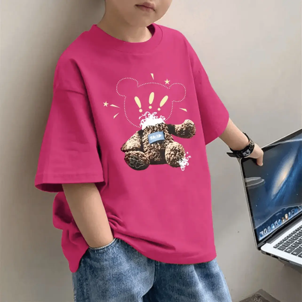2025 Boys Pure Cotton Cartoon Print T-Shirt Pink