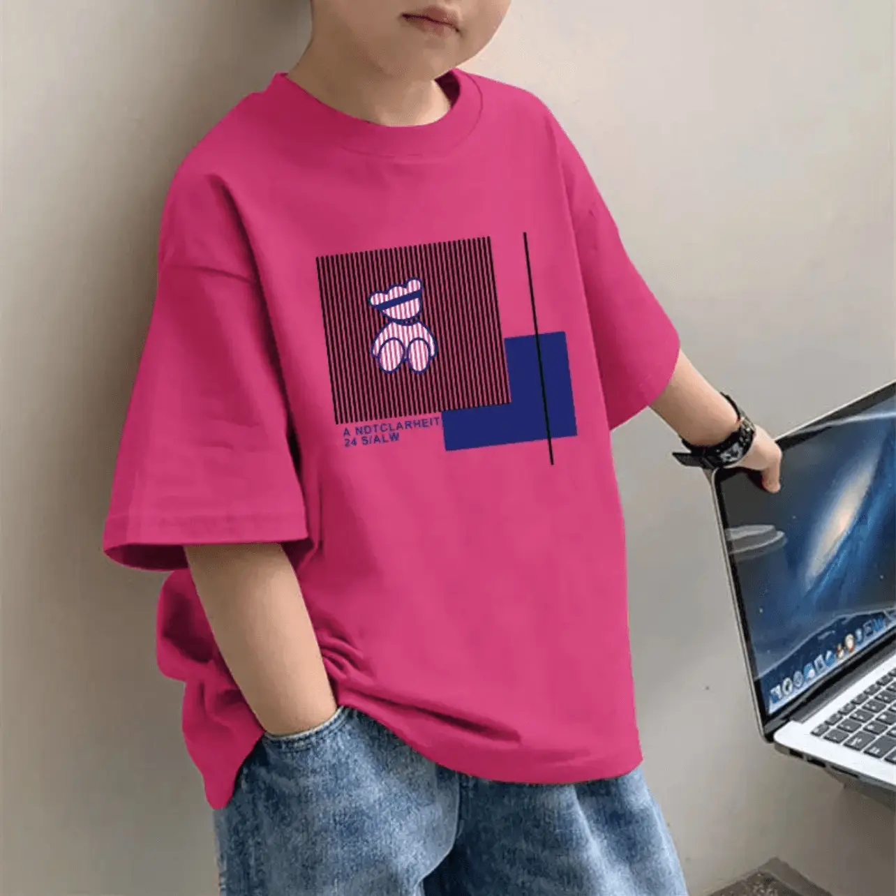 2025 Boys Pure Cotton Cartoon Print T-Shirt Pink