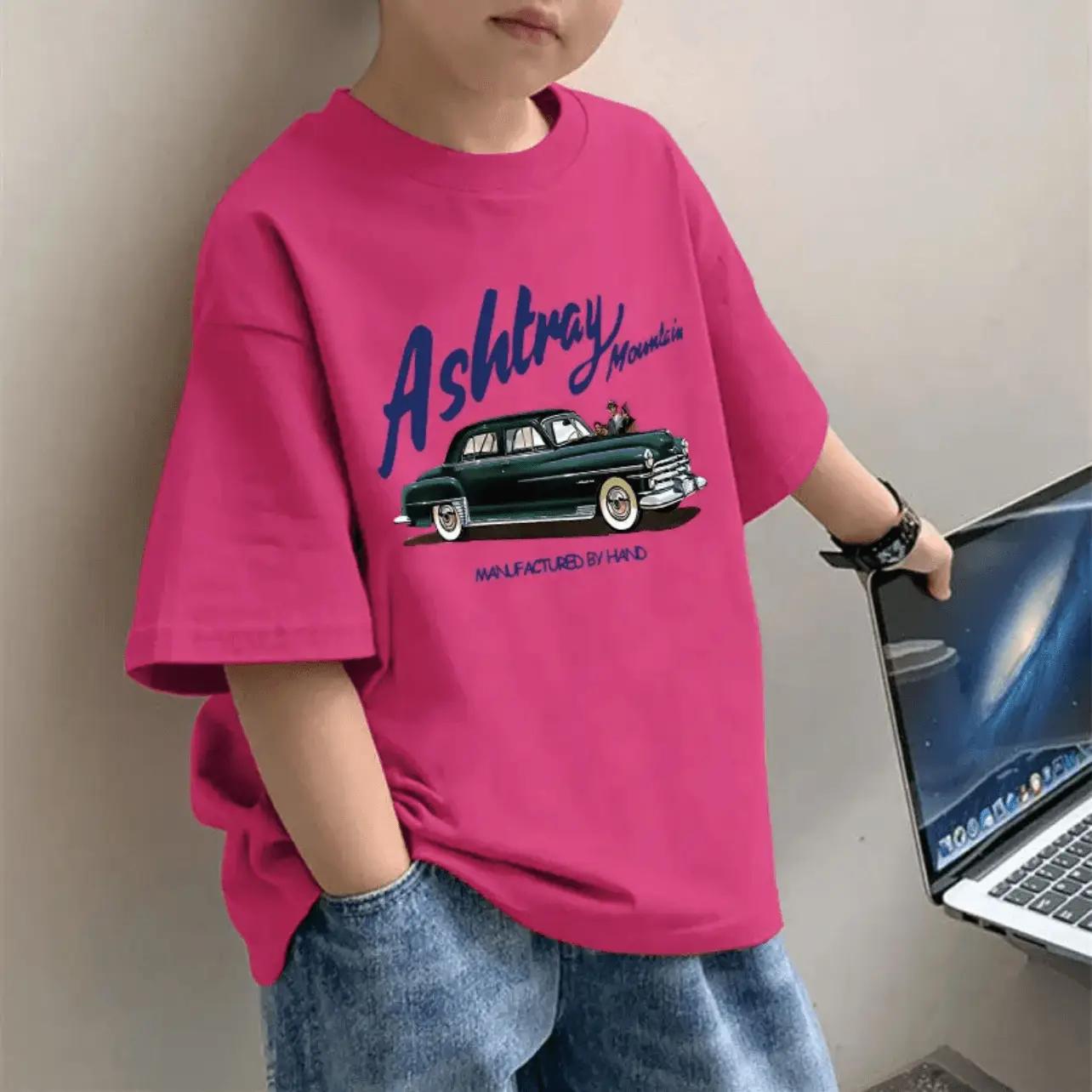 2025 Boys Pure Cotton Cartoon Print T-Shirt Pink