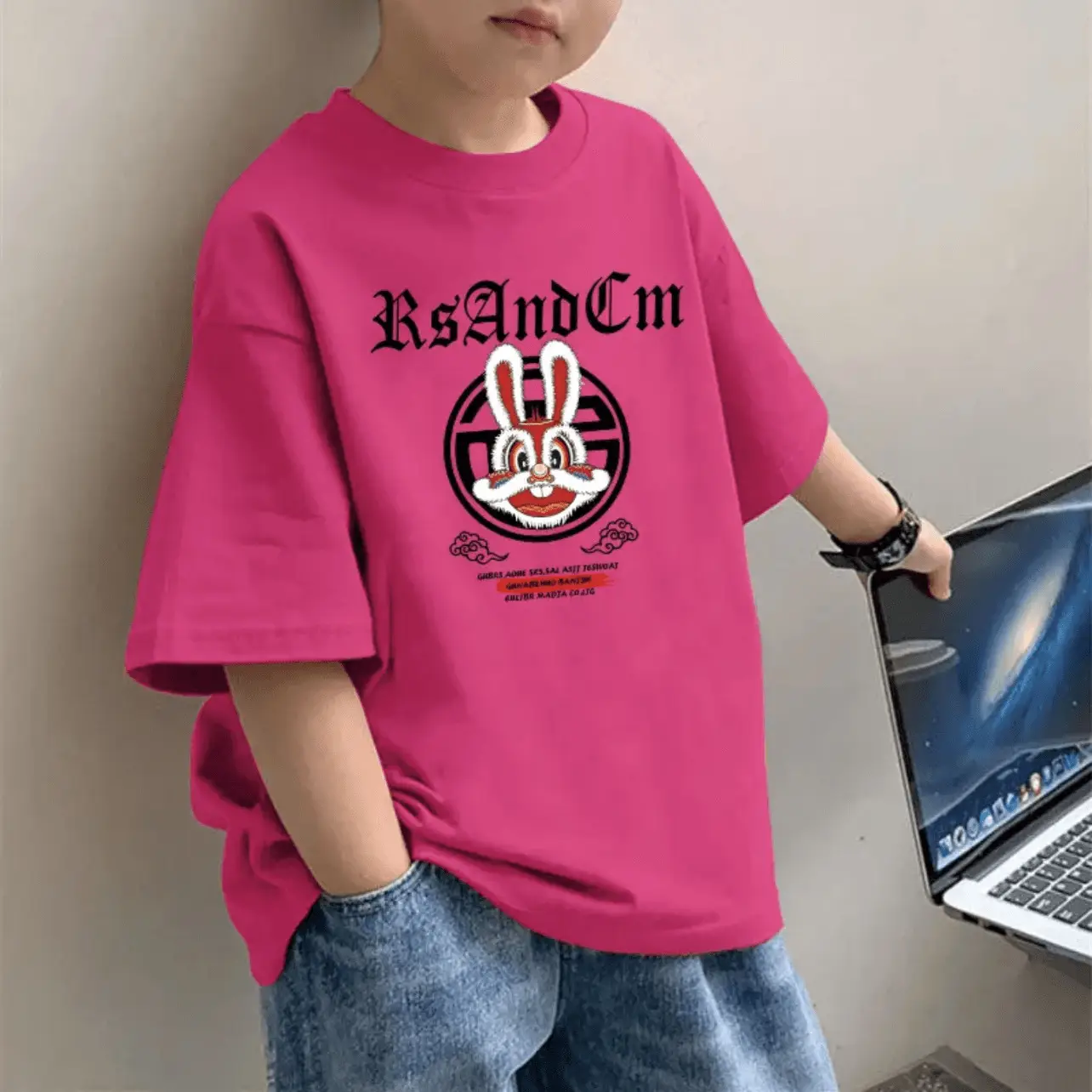 2025 Boys Pure Cotton Cartoon Print T-Shirt Pink